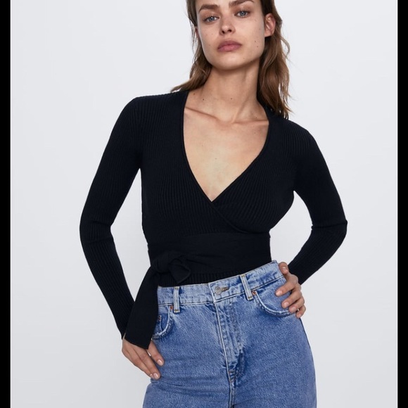 NWOT Zara Black Ribbed Wrap Front Top Small - Picture 2 of 2